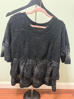 Coco + Carmen Black Crochet Tiered Peplum Blouse
